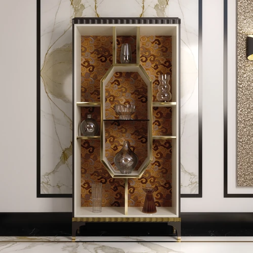 Decorative glass pots in the Octaris display cabinet.