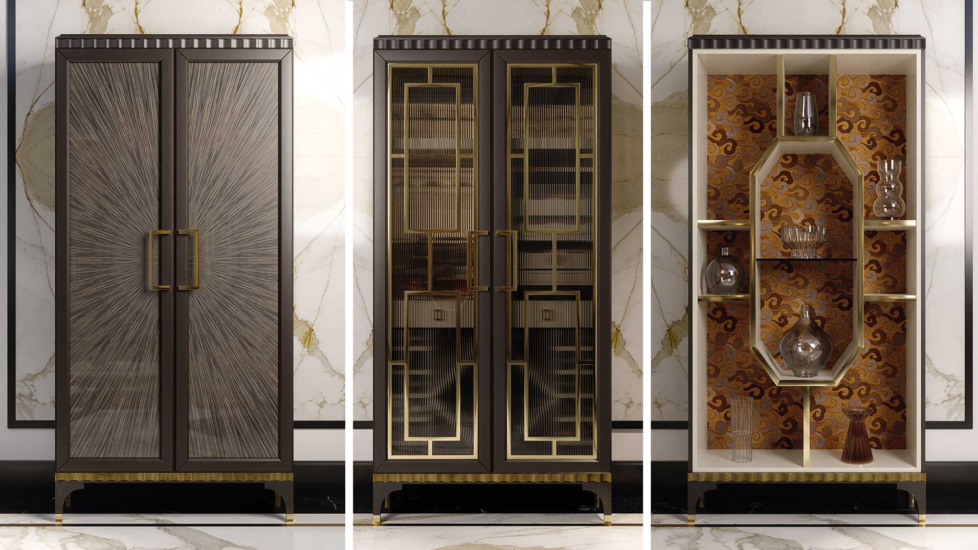three elegant cabinets from the Elegance Project by Sevensedie: a two door wardrobe, a wine cabinet and an open display cabinet