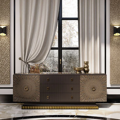 Luxury Macassar ebony sideboard, with Portoro gold marble top and fluted drawers