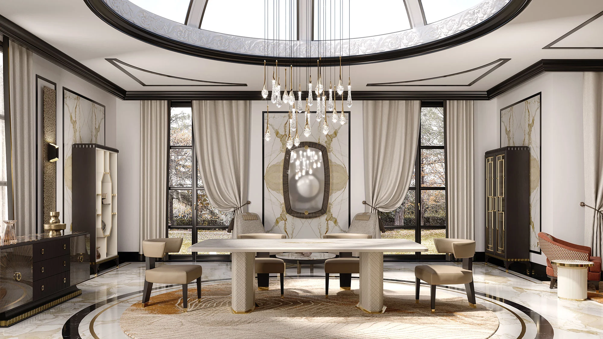Luxury dining room featuring an oblong ashwood table surrounded by six leather chairs, complemented by a bespoke sideboard in Macassar ebony