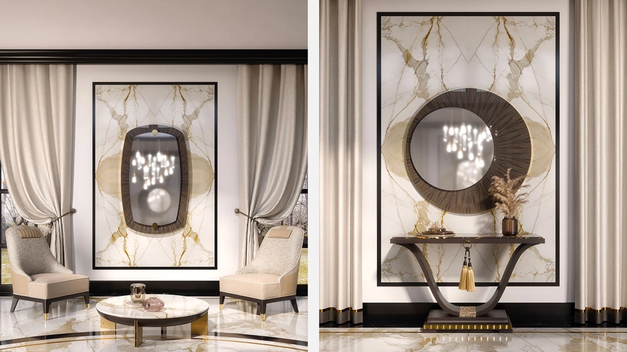 luxury contemporary interior set featuring a black lacquered console with antique gold leaf accents, Portoro marble top and fabric tassels, paired with an elegant round mirror on ebony Macassar frame, alongside two beige velvet and leather armchairs with a designer oblong mirror in ebony Macassar frame