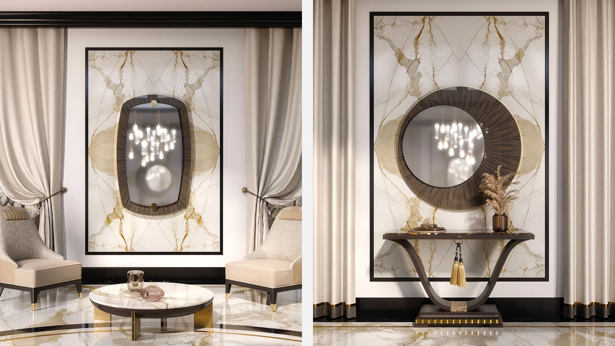 luxury contemporary interior set featuring a black lacquered console with antique gold leaf accents, Portoro marble top and fabric tassels, paired with an elegant round mirror on ebony Macassar frame, alongside two beige velvet and leather armchairs with a designer oblong mirror in ebony Macassar frame