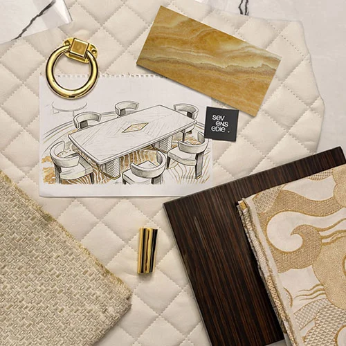 Mood board, with quilted leather, Ebony Macassar wood sample and gold ring handle